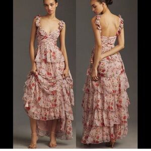 Mac Duggal 55816 Womens Pink Ruffled Sleeveless Draped Tiered Floral Print Gown